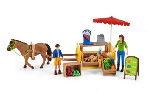 Schleich Sunny Day Mobile Farm Stand with FW Ben, Laura, and produce like apples and eggs, designed for imaginative play.