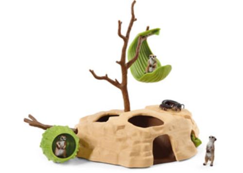 Colorful Schleich Meerkat Hangout playset with detailed meerkat figures, enriching imaginative play and storytelling.