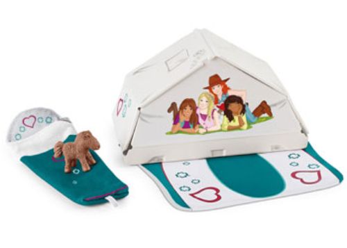 Colorful Schleich camping accessories set with detailed figurines for imaginative outdoor role play and storytelling adventures.