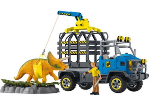 Colorful Schleich Dino Transport Mission playset with detailed dinosaur figurines and a transport vehicle for imaginative play.