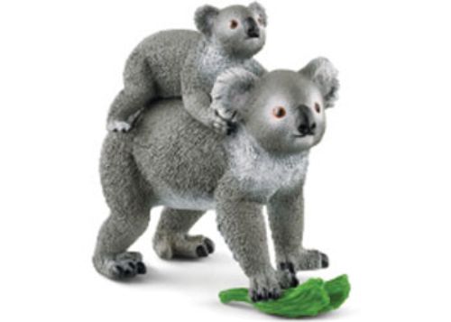 Hand-painted Schleich Koala Mother and Baby figurine set, showcasing a loving embrace in realistic detail.