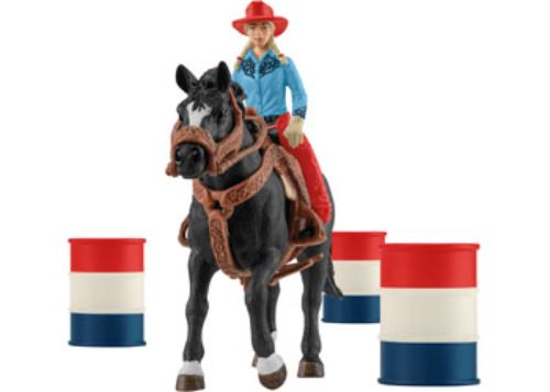 Cowgirl figurine and horse racing around barrels, promoting imaginative play and fine motor skills for children.