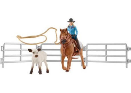 Schleich Cowgirl Team Roping Fun playset featuring a detailed cowgirl and horse for imaginative Wild West adventures.