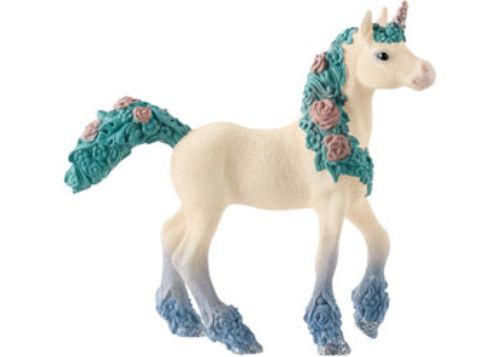 Colorful Schleich Flower Unicorn Foal galloping through vibrant flower fields, perfect for imaginative play and adventures in Bayala.