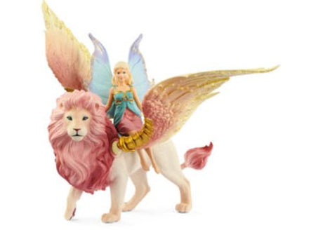 A graceful fairy soars on a majestic winged lion, showcasing vibrant colors and intricate designs for imaginative play.