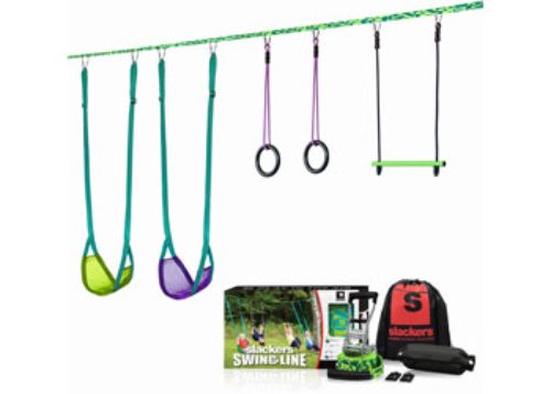 Colorful Slackers Swingline Ninjaline with soft swings, ninja rings, and monkey bar for kids' active play and adventure.