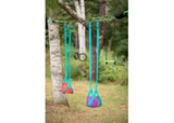 Colorful Slackers Swingline with soft swings, ninja rings, and monkey bars, designed for adventurous play and safe swinging.