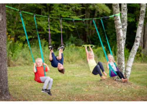 Vibrant Slackers Swingline, a 36-ft active play set with swings, rings, and safety features for kids ages 3+, promoting fitness and fun.