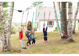 Vibrant Slackers Swingline Ninjaline for kids, 36ft long with swings, rings, and monkey bar for active outdoor play.