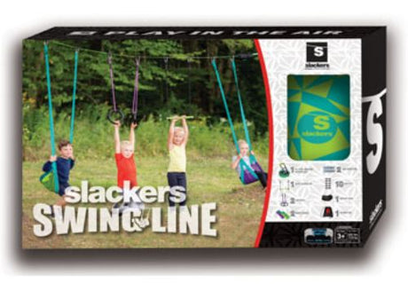 Vibrant 36-foot Slackers Swingline for kids, featuring soft swings, ninja rings, monkey bar, and safety sleeves for active play.