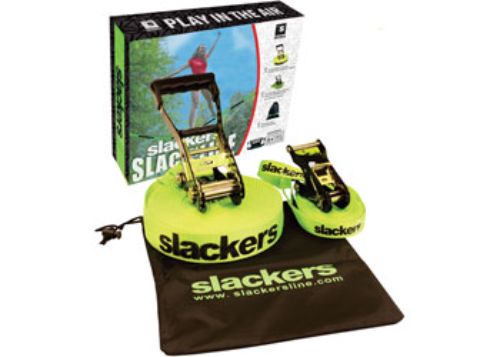 Slackers 50' Slackline Classic Set for outdoor fun, promoting balance and core strength; includes durable webbing and teaching line.