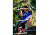 Kids climbing the Slackers Ninja Rope Ladder 8', featuring durable rope, wooden dowels, and safety carabiners for adventurous play.