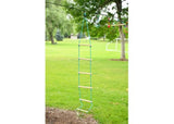 Kids climb the Slackers Ninja Rope Ladder 8', featuring durable rope and wooden dowels for fun, safe outdoor play.