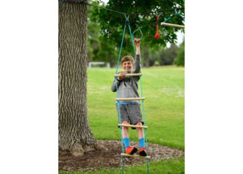 8-foot Slackers Ninja Rope Ladder with solid wood dowels and safety carabiners for fun outdoor climbing and active play.