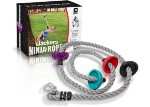 "8-foot Slackers Ninja Climbing Rope with 4 ergonomic foot holds, durable UV-resistant material, and safety carabiner for outdoor play."