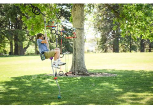 Kids climbing an 8' Slackers Ninja Rope with foot and hand holds, designed for outdoor fun and fitness challenges.