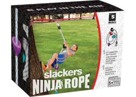 Ninja Climbing Rope 8' with foot holds for kids, made from durable UV resistant PE for strength and outdoor fun.