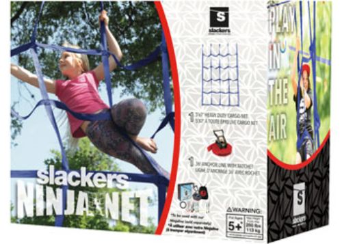 Kids climbing and swinging on the Slackers Ninja Net, featuring a spinner wheel and durable, UV-resistant materials.