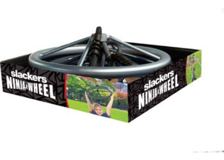 Slackers Ninja Wheel CDU4: 14" spinner wheel for ninja training, includes rope and carabiner, designed for fun and fitness.