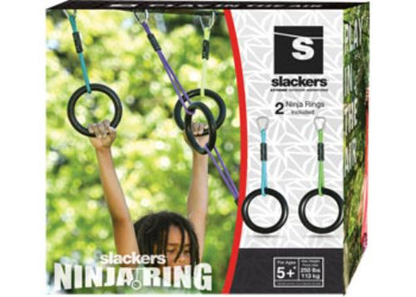 Set of 2 durable ninja rings with textured grip, UV-resistant rope, and carabiner for fun outdoor fitness adventures.