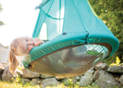 Teal Swing House with 40" swing designed for tree attachment, perfect for outdoor fun and imaginative play.