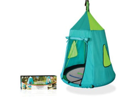 Teal swing house with 40" swing, perfect for fun outdoor play and tree attachment for all ages.