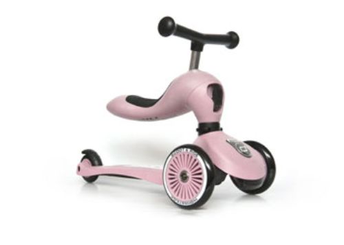 Pink 2-in-1 kickboard and scooter for kids ages 1-5, featuring adjustable seat height and patented safety pad for stability.