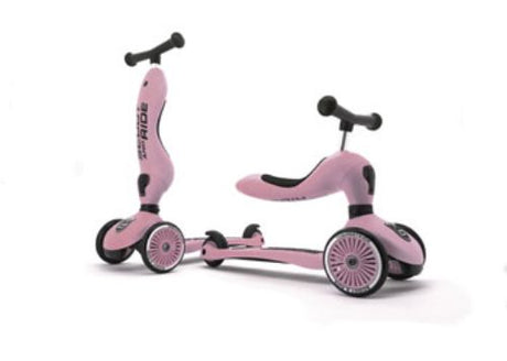 Scoot & Ride Highwaykick 1 in rose, a versatile 2-in-1 scooter and kickboard for kids aged 1-5, featuring adjustable seat and safety pad.