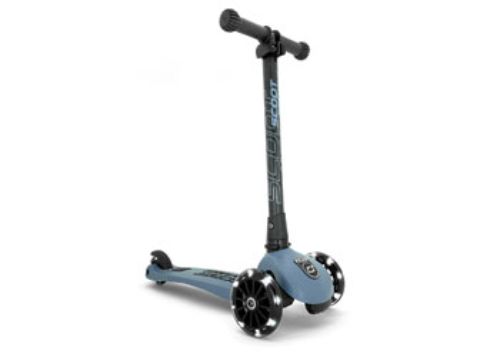 Kids' scooter with height-adjustable handlebar, durable design, LED wheels, and patented safety pad for safe, stylish rides.