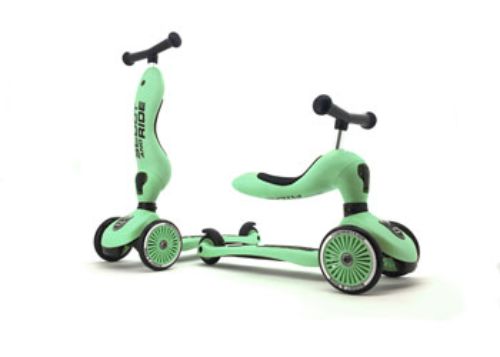 Vibrant Kiwi 2-in-1 kickboard and scooter for kids 1-5, featuring adjustable seat height and maximum stability for safe rides.