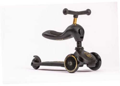 Scoot & Ride Highwaykick 1 in black and gold, a 2-in-1 ride-on for toddlers, adjustable, safe, and stylish for adventurous play.