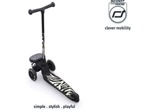 Scoot & Ride Highwaykick 2 in vibrant Zebra design, a convertible scooter for kids aged 1-5, ensuring safe outdoor fun.