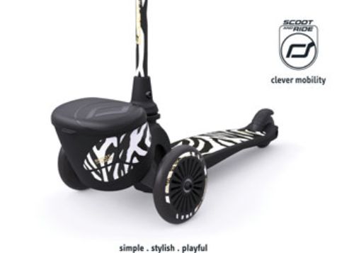 Scoot & Ride Highwaykick 2 in Zebra design, a versatile ride-on scooter for kids 1-5, promoting fun and active play.