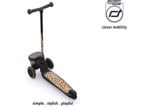 Scoot & Ride Highwaykick 2 in Leopard design, a 2-in-1 scooter for kids ages 2-5, promoting balance and active play.