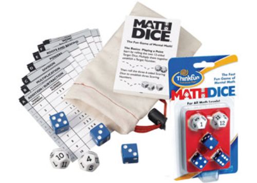 ThinkFun Math Dice game featuring colorful scoring dice, designed for fun math challenges for kids 8 and up.