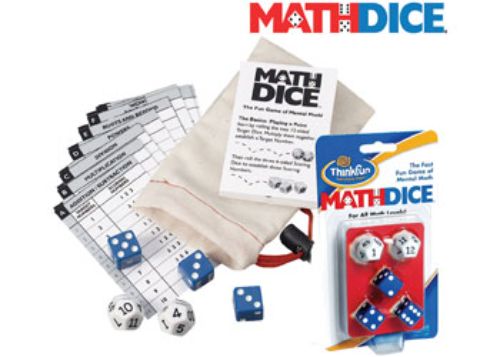 Colorful Math Dice game with scoring dice and target dice in a game-go bag, perfect for fun math practice for kids and families.