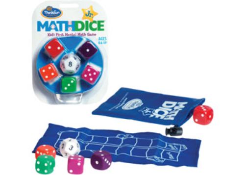 ThinkFun Math Dice Jr game with a 12-sided target die and scoring dice for kids, promoting fun mental math and STEM skills.