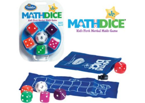 Colorful Math Dice Jr game set with a 12-sided Target Die and five Scoring Dice for engaging math fun for kids ages 6 and up.