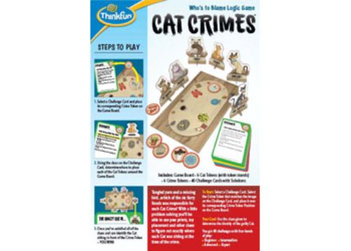 Engaging logic game featuring six unique cat tokens, challenge cards, and a game board designed for young sleuths.