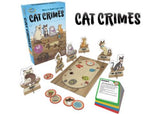 Colorful game board of ThinkFun's Cat Crimes featuring cat tokens, crime tokens, and challenge cards for young sleuths.