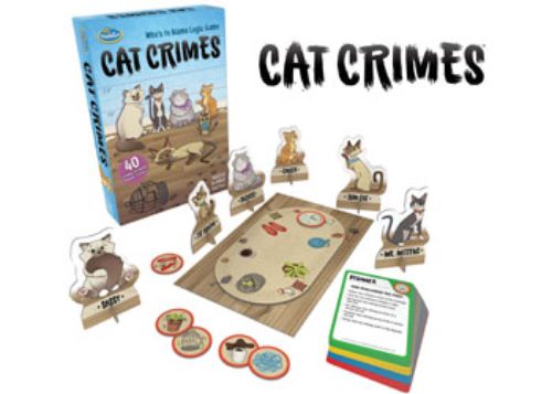 Colorful game board of ThinkFun's Cat Crimes featuring cat tokens, crime tokens, and challenge cards for young sleuths.