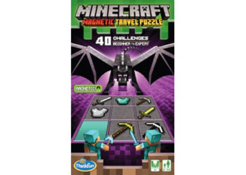 ThinkFun Minecraft Magnetic Travel Puzzle featuring 9 magnetic items and 40 puzzles for logical deduction fun.