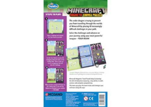 ThinkFun Minecraft Magnetic Travel Puzzle CDU6 featuring magnetic items and a challenge booklet for logical deduction games.