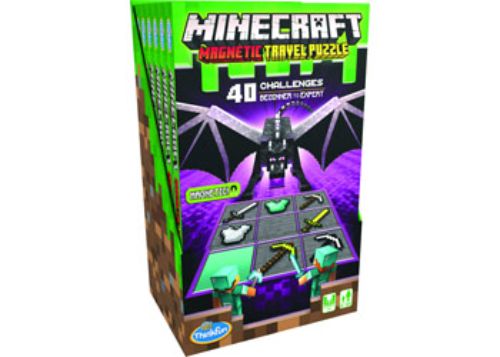 ThinkFun Minecraft Magnetic Travel Puzzle CDU6 featuring 9 magnetic items and 40 challenging logical deduction puzzles.