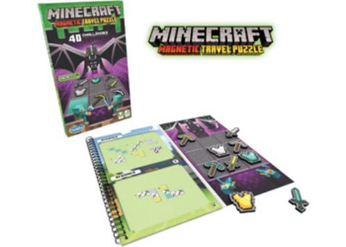 Minecraft Magnetic Travel Puzzle featuring 9 magnetic items and a Challenge Booklet with 40 deductive logic puzzles.