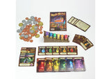 Colorful Mystic Market game components including ingredient cards and vials for potion-making in a fast-paced trading game.