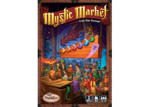 A group of players engaging in ThinkFun's Mystic Market Game, buying and selling mystical potion-making ingredients.