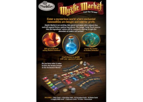 Colorful card game components for ThinkFun's Mystic Market, featuring potion-making and magical ingredient trading.