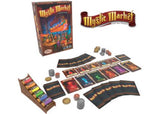 Colorful Mystic Market game components featuring potion-making cards and vials, ideal for strategic family fun.