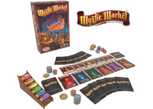 Colorful Mystic Market game components featuring potion-making cards and vials, ideal for strategic family fun.